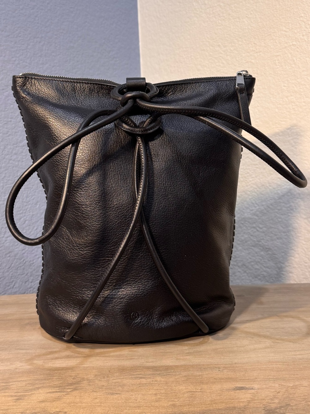 Treasure & Bond Black Leather Bucket Crossbody Bag Zip Top Soft Pebbled